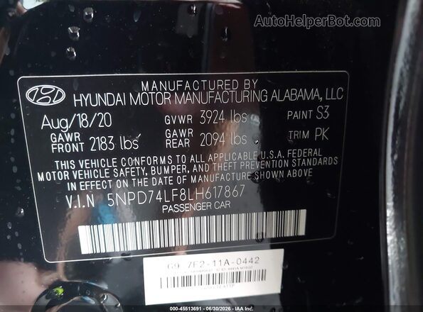 5NPD74LF8LH617867 2020 HYUNDAI ELANTRA Black Շարժիչի բաժամունքի տեսք