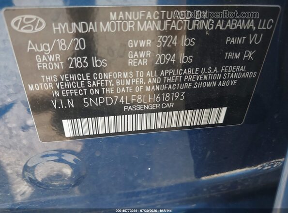 5NPD74LF8LH618193 2020 HYUNDAI ELANTRA Blue Вид підкапотного простору