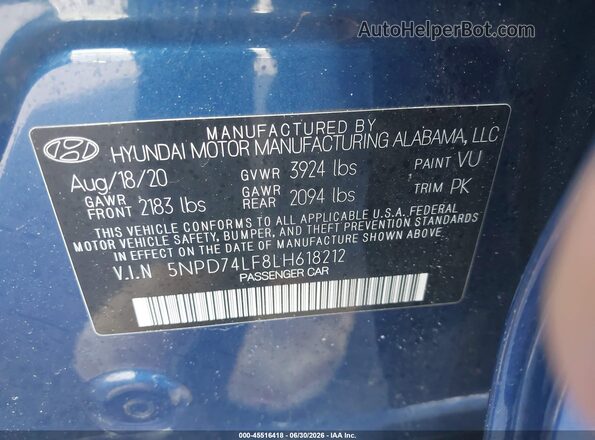 5NPD74LF8LH618212 2020 HYUNDAI ELANTRA Blue Vista del compartimento del motor