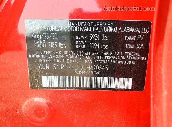 5NPD74LF8LH620543 2020 HYUNDAI ELANTRA Red VIN կոդի պիտակի տեսք