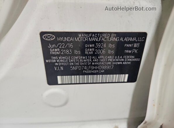 5NPD74LF9HH098917 2017 HYUNDAI ELANTRA White Vista del compartimento del motor