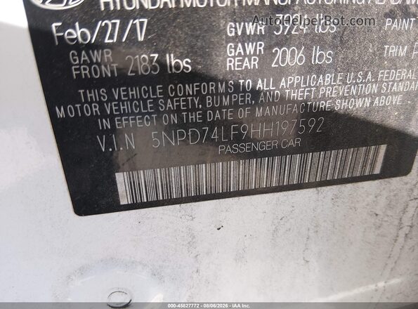 5NPD74LF9HH197592 2017 HYUNDAI ELANTRA Белый Вид подкапотного пространства