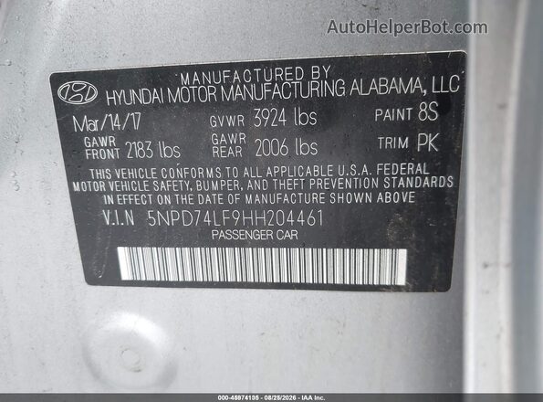 5NPD74LF9HH204461 2017 HYUNDAI ELANTRA Silver Շարժիչի բաժամունքի տեսք