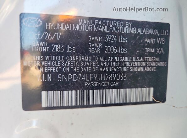 5NPD74LF9JH289033 2018 HYUNDAI ELANTRA White VIN sticker view