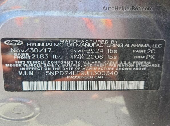 5NPD74LF9JH300340 2018 HYUNDAI ELANTRA Gray Вид наклейки з VIN-кодом