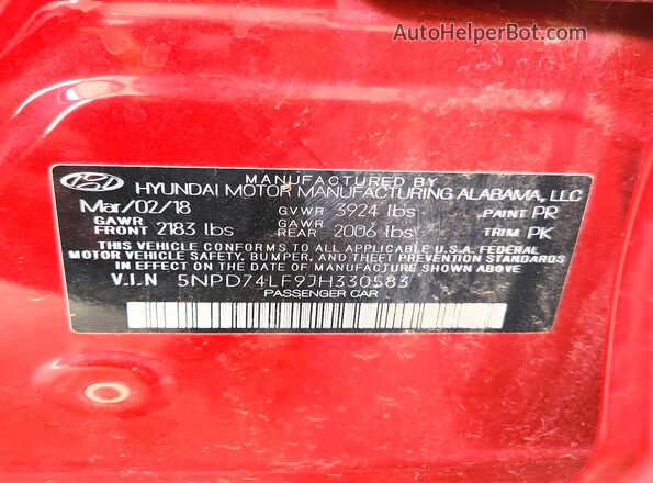5NPD74LF9JH330583 2018 HYUNDAI ELANTRA Red ძრავის განყოფილების ხედი