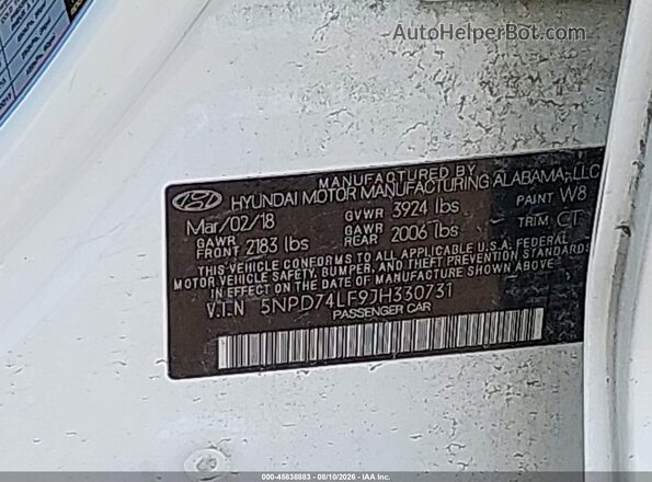 5NPD74LF9JH330731 2018 HYUNDAI ELANTRA White Շարժիչի բաժամունքի տեսք