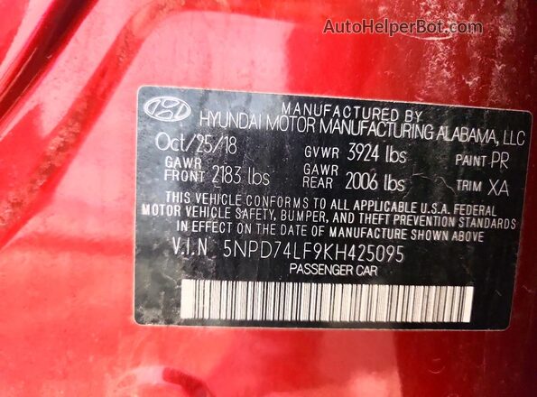 5NPD74LF9KH425095 2019 HYUNDAI ELANTRA Red Вид наклейки з VIN-кодом