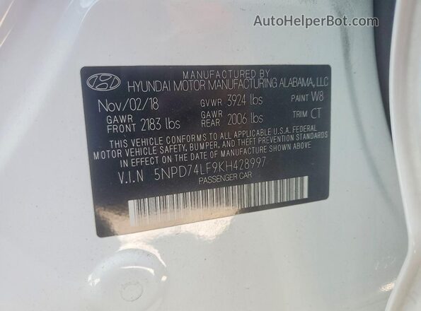 5NPD74LF9KH428997 2019 HYUNDAI ELANTRA White ძრავის განყოფილების ხედი