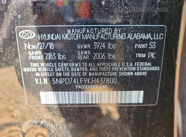 5NPD74LF9KH437800 2019 HYUNDAI ELANTRA Black Вид наклейки з VIN-кодом