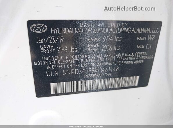 5NPD74LF9KH461448 2019 HYUNDAI ELANTRA White Widok komory silnika