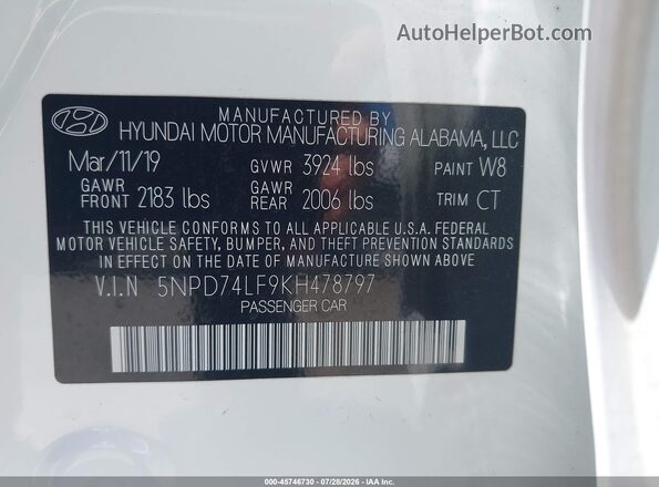 5NPD74LF9KH478797 2019 HYUNDAI ELANTRA White Շարժիչի բաժամունքի տեսք
