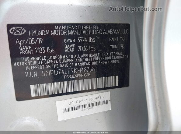 5NPD74LF9KH487581 2019 HYUNDAI ELANTRA Silver Вид підкапотного простору