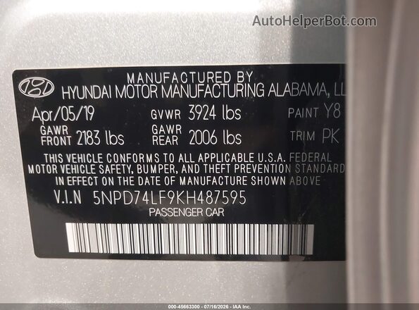 5NPD74LF9KH487595 2019 HYUNDAI ELANTRA Silver Widok komory silnika