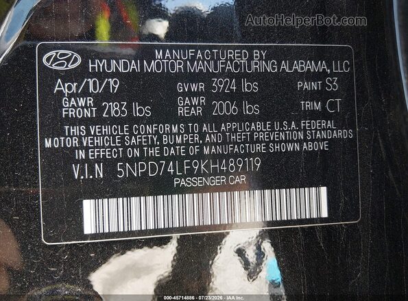 5NPD74LF9KH489119 2019 HYUNDAI ELANTRA Черный Вид подкапотного пространства