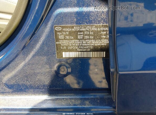 5NPD74LF9KH492781 2019 HYUNDAI ELANTRA Blue Շարժիչի բաժամունքի տեսք