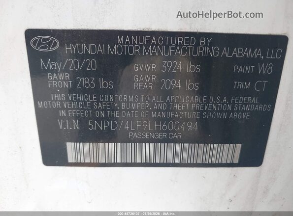 5NPD74LF9LH600494 2020 HYUNDAI ELANTRA White Vista del compartimento del motor