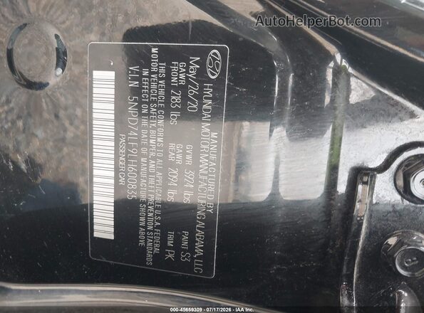 5NPD74LF9LH600835 2020 HYUNDAI ELANTRA Black Engine compartment view