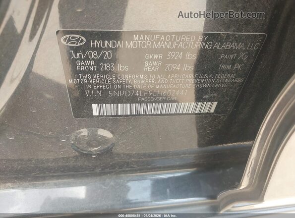 5NPD74LF9LH602441 2020 HYUNDAI ELANTRA Gray ძრავის განყოფილების ხედი