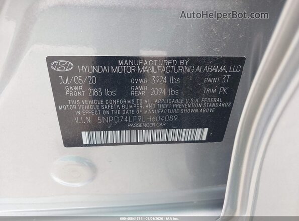 5NPD74LF9LH604089 2020 HYUNDAI ELANTRA Silver Widok komory silnika