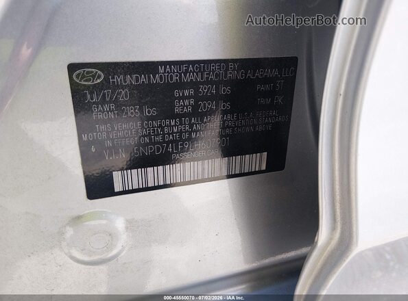5NPD74LF9LH607901 2020 HYUNDAI ELANTRA Silver Вид підкапотного простору