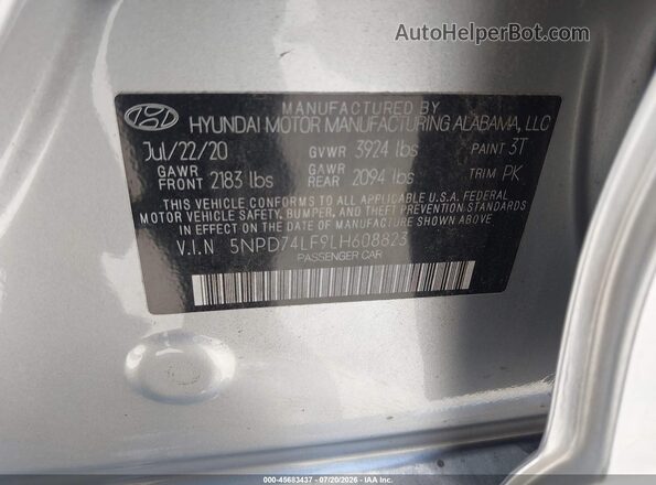 5NPD74LF9LH608823 2020 HYUNDAI ELANTRA Silver Engine compartment view