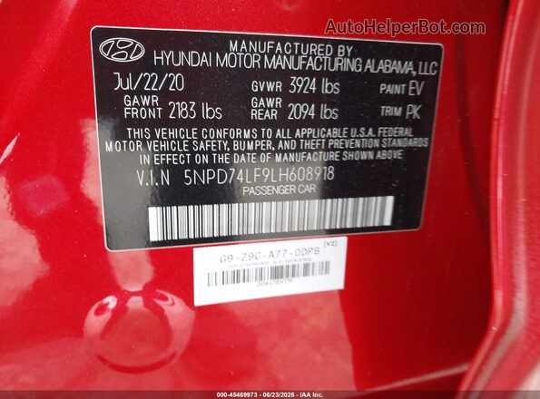 5NPD74LF9LH608918 2020 HYUNDAI ELANTRA Red ძრავის განყოფილების ხედი