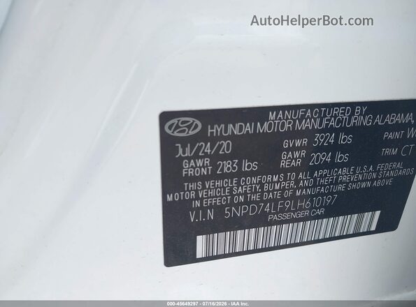 5NPD74LF9LH610197 2020 HYUNDAI ELANTRA White Widok komory silnika