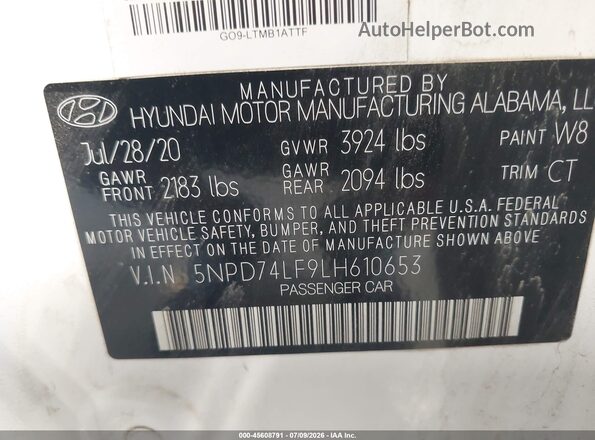 5NPD74LF9LH610653 2020 HYUNDAI ELANTRA Белый Вид подкапотного пространства
