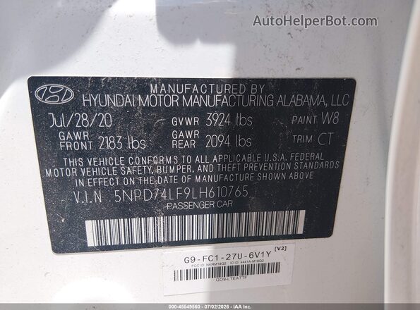 5NPD74LF9LH610765 2020 HYUNDAI ELANTRA White Vista del compartimento del motor