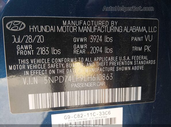 5NPD74LF9LH610863 2020 HYUNDAI ELANTRA Blue Vista del compartimento del motor