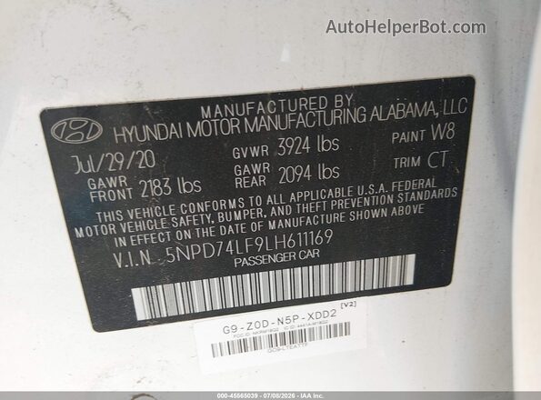 5NPD74LF9LH611169 2020 HYUNDAI ELANTRA White Vista del compartimento del motor