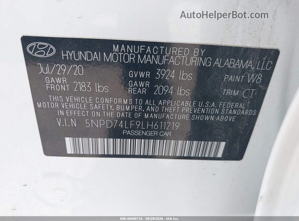 5NPD74LF9LH611219 2020 HYUNDAI ELANTRA White Շարժիչի բաժամունքի տեսք