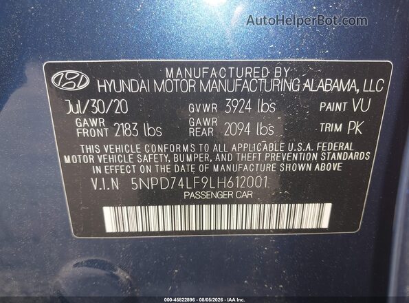 5NPD74LF9LH612001 2020 HYUNDAI ELANTRA Blue Շարժիչի բաժամունքի տեսք