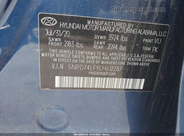 5NPD74LF9LH612287 2020 HYUNDAI ELANTRA Blue Շարժիչի բաժամունքի տեսք