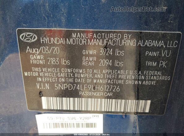 5NPD74LF9LH612726 2020 HYUNDAI ELANTRA Blue Вид підкапотного простору