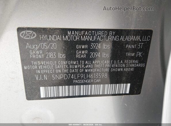 5NPD74LF9LH613598 2020 HYUNDAI ELANTRA Серый Вид подкапотного пространства