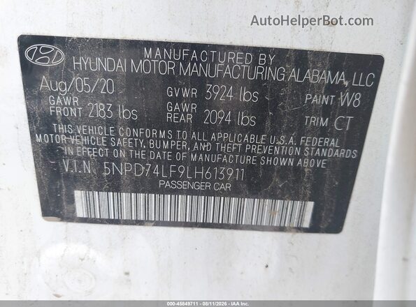 5NPD74LF9LH613911 2020 HYUNDAI ELANTRA White Вид підкапотного простору