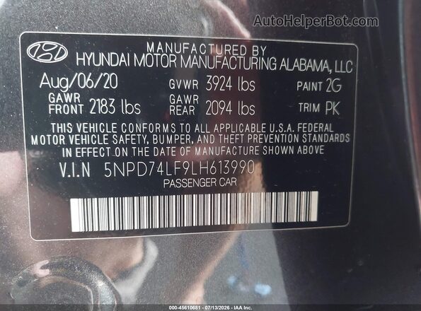 5NPD74LF9LH613990 2020 HYUNDAI ELANTRA Gray Vista del compartimento del motor