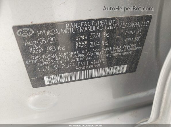 5NPD74LF9LH614010 2020 HYUNDAI ELANTRA Silver ძრავის განყოფილების ხედი