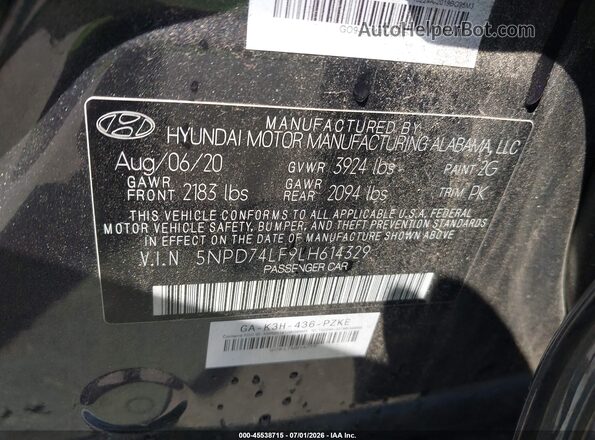 5NPD74LF9LH614329 2020 HYUNDAI ELANTRA Gray Вид підкапотного простору