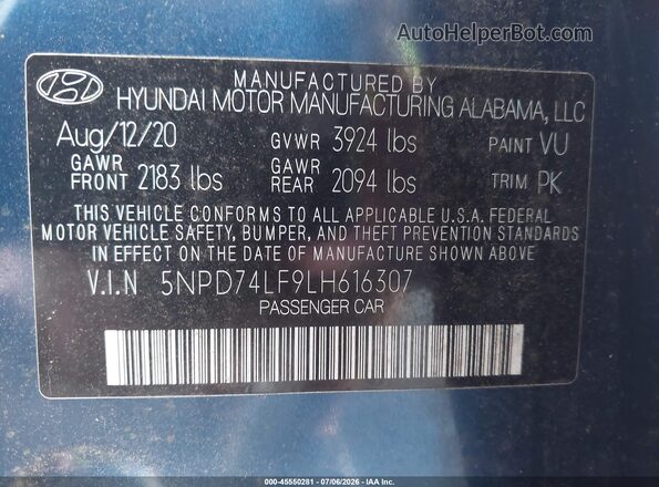 5NPD74LF9LH616307 2020 HYUNDAI ELANTRA Blue Շարժիչի բաժամունքի տեսք