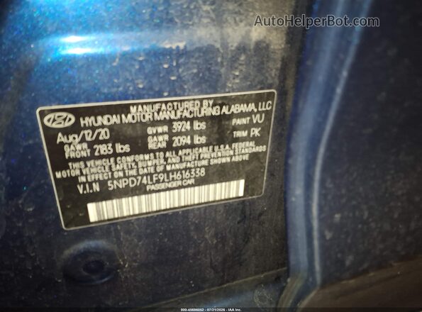 5NPD74LF9LH616338 2020 HYUNDAI ELANTRA Blue Engine compartment view