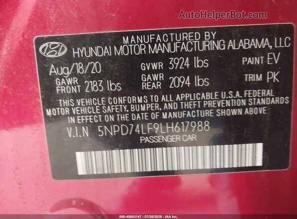5NPD74LF9LH617988 2020 HYUNDAI ELANTRA Red Widok komory silnika