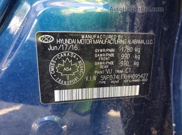 5NPD74LFXHH095427 2017 HYUNDAI ELANTRA Blue Вид наклейки з VIN-кодом