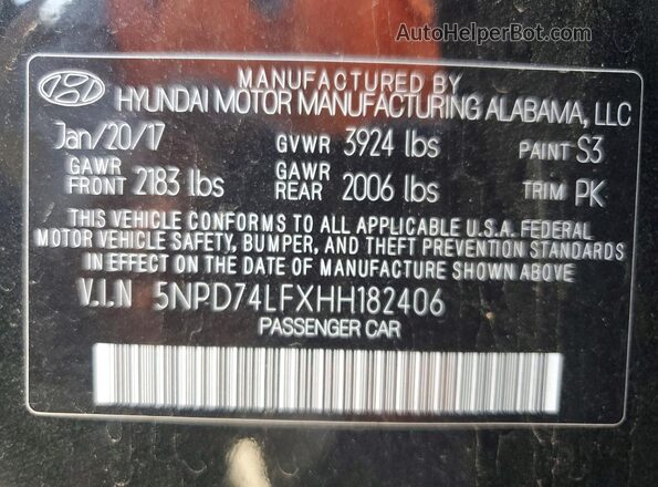 5NPD74LFXHH182406 2017 HYUNDAI ELANTRA Black VIN կոդի պիտակի տեսք