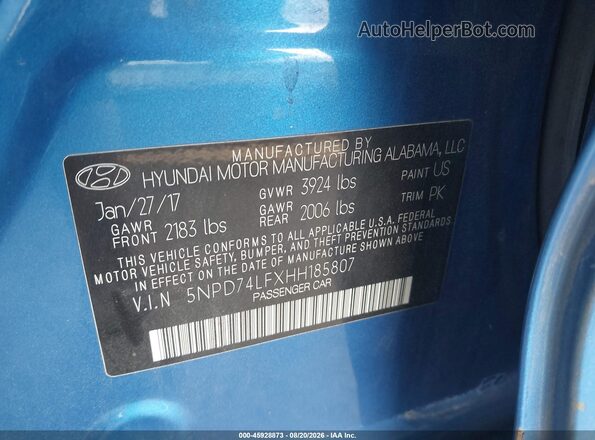 5NPD74LFXHH185807 2017 HYUNDAI ELANTRA Blue Շարժիչի բաժամունքի տեսք