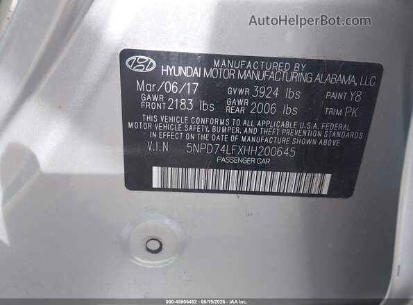 5NPD74LFXHH200645 2017 HYUNDAI ELANTRA Серебряный Вид подкапотного пространства
