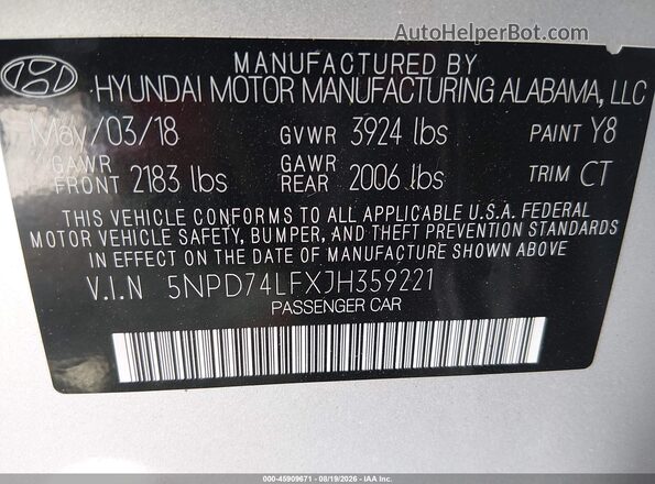 5NPD74LFXJH359221 2018 HYUNDAI ELANTRA Silver Engine compartment view