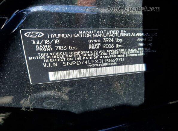 5NPD74LFXJH386970 2018 HYUNDAI ELANTRA Black VIN կոդի պիտակի տեսք
